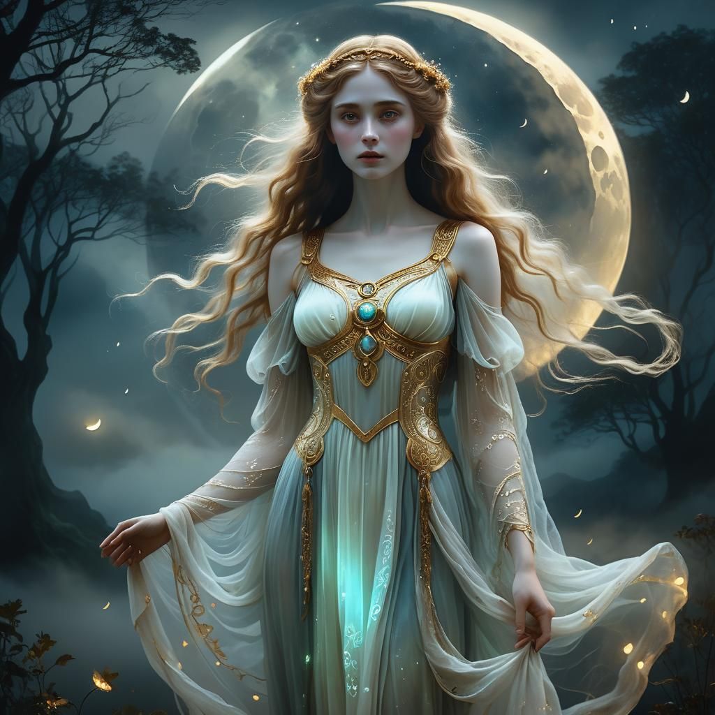 Ethereal Goddess Embracing Lunar Magic in Soft Focus