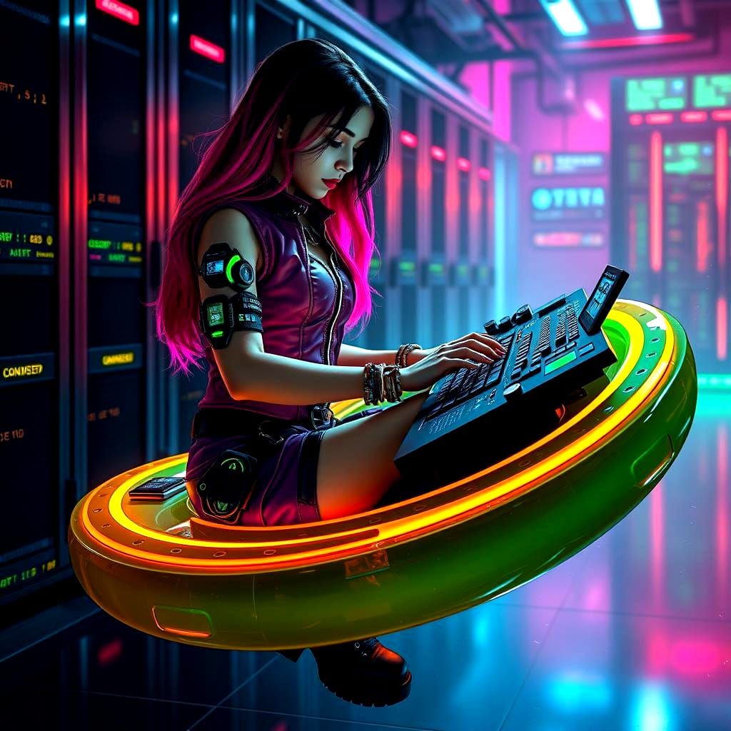 Young female, pink and black puffy sleeveless leather vest, ...