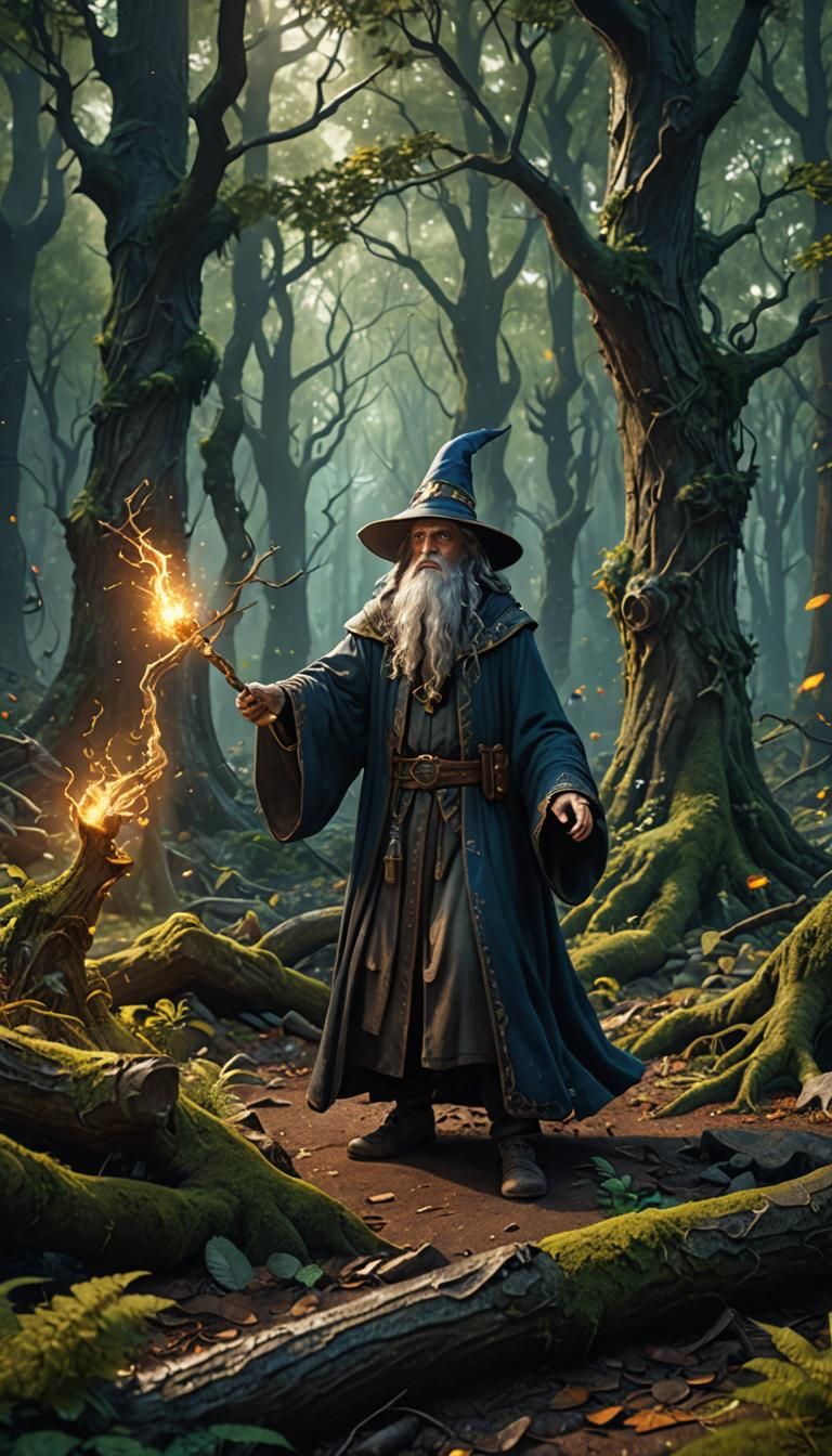 Fallen Wizard Casting Spell in Forest: Fantasy Art