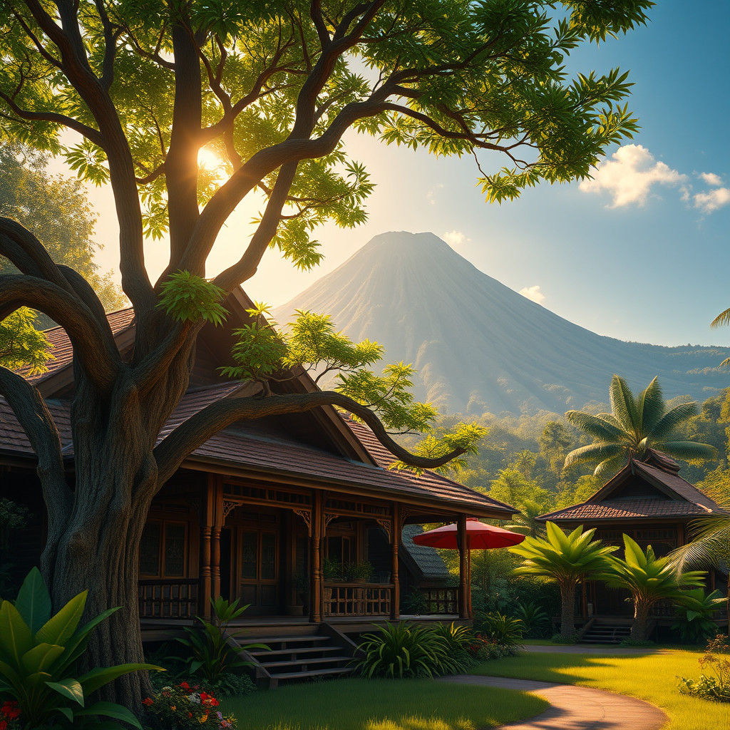 Indonesian Village Scene with Wooden House, Matte Painting