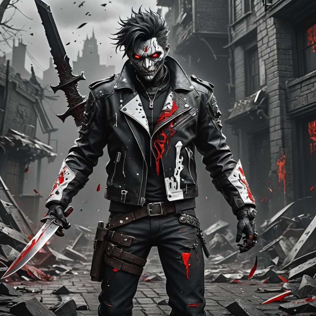 Animated Character with Knife: Black and White Concept Art