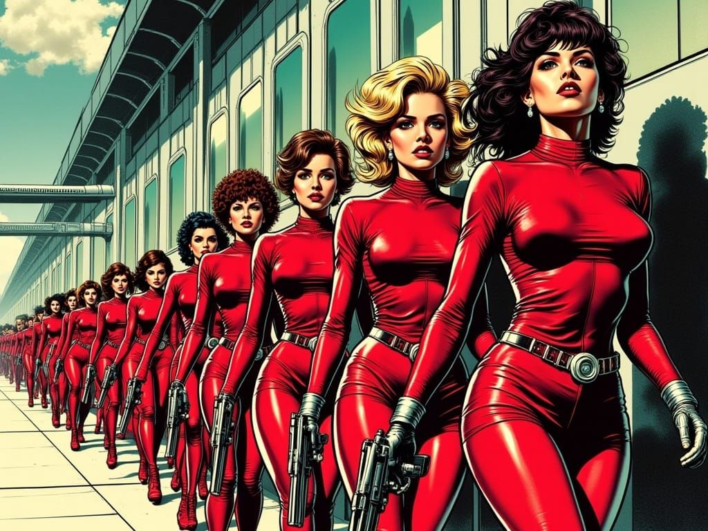 Futuristic Female Warriors March Through Sci-Fi City in Pin-...