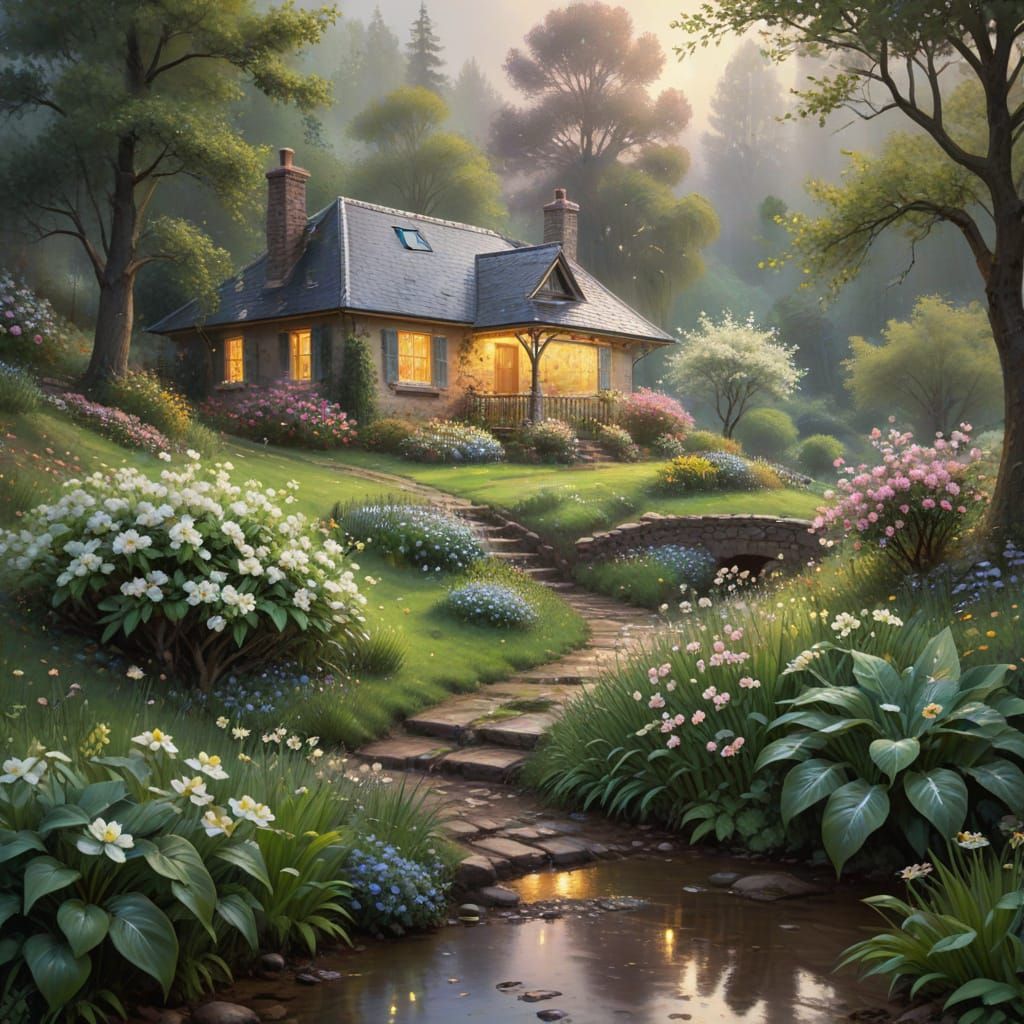 Impressionist Cottage Scene in Rainy Hillside Setting