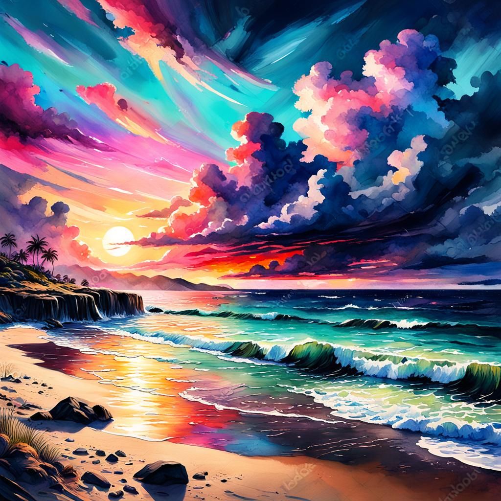 Colorful Beach Scene in Watercolor Style