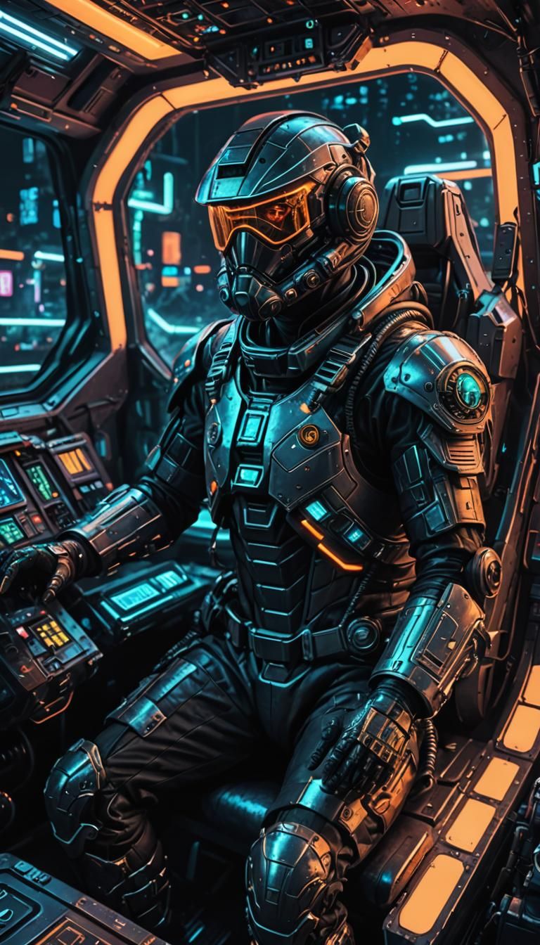 Futuristic Pilot in Sci-Fi Cockpit with Neon Lights