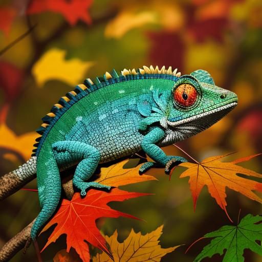 Camouflaged Chameleon in Autumn Foliage
