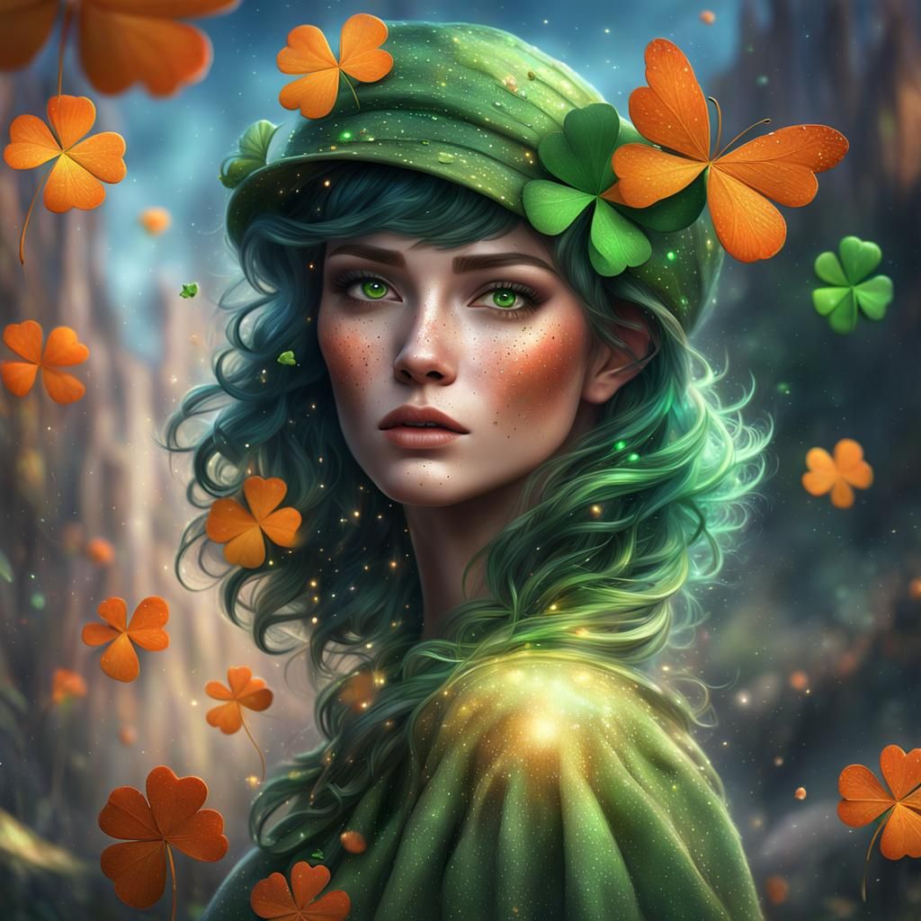 Freckled Girl with Four-Leaf Clover, Digital Airbrush