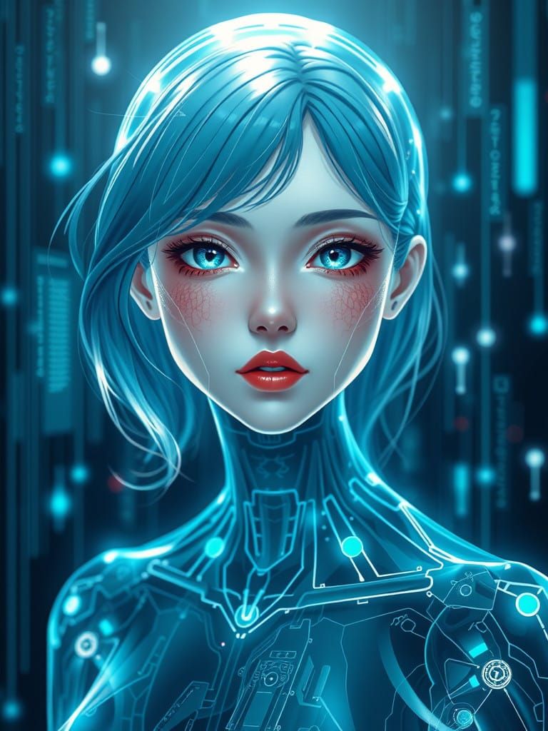 Cyberpunk Android Goddess Radiates in Holographic Glory