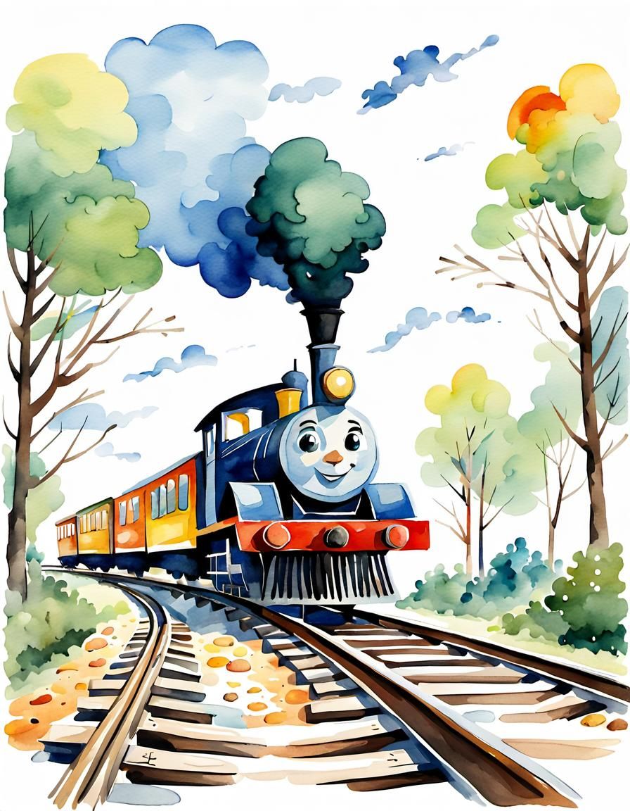 train riding on tracks children's book style.