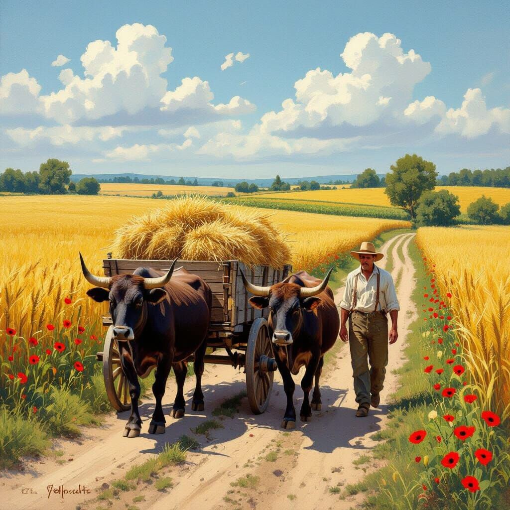 Bucolic Scene with Hay Cart, Oxen, and Farmer in Gouache Sty...