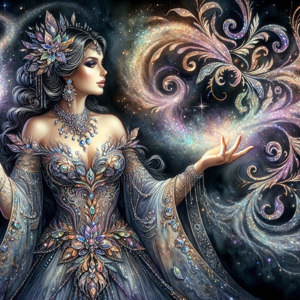 Mystical Enchantress Casting Spell in Watercolor Style