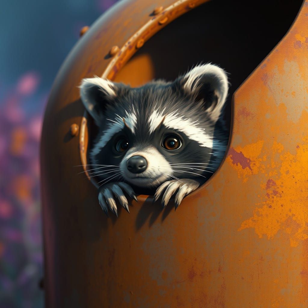 Whimsical Raccoon Peeks from a Golden Trash Can