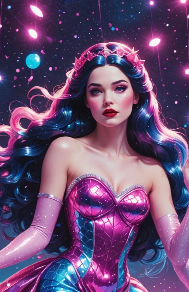 Snow White Space Mermaid in Synthwave Neon Style