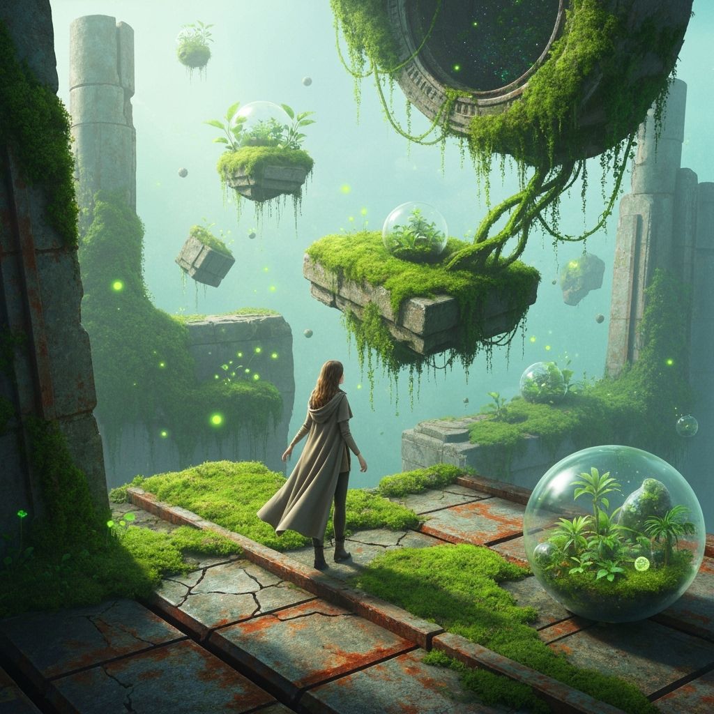 lush green moss and delicate emerald vines growing defiantly...