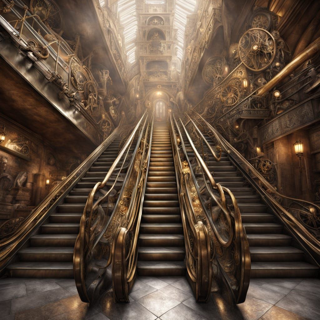 Steampunk Escalator Ascending to Heaven's Door