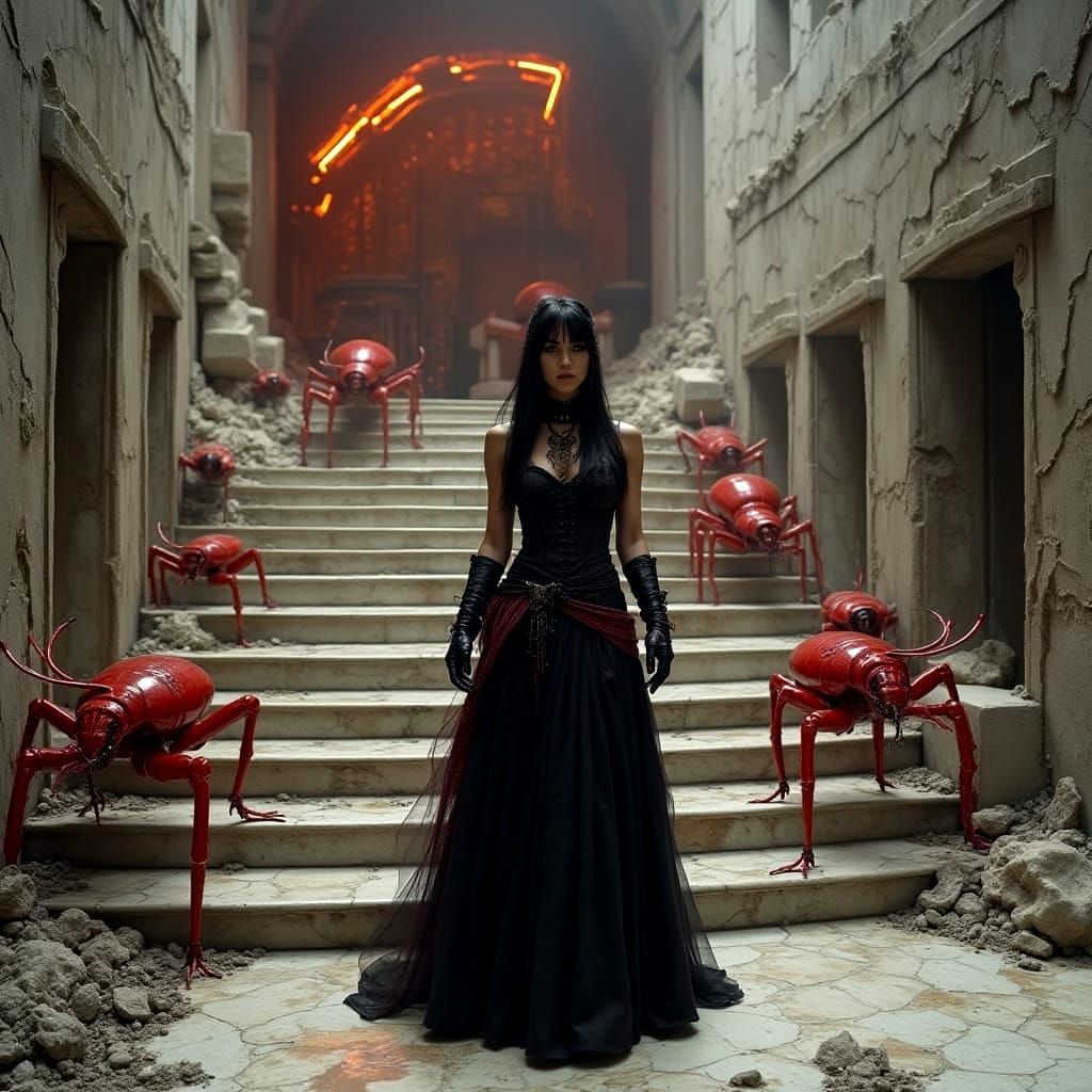 Gothic Red Robots Amidst Decaying Ruins