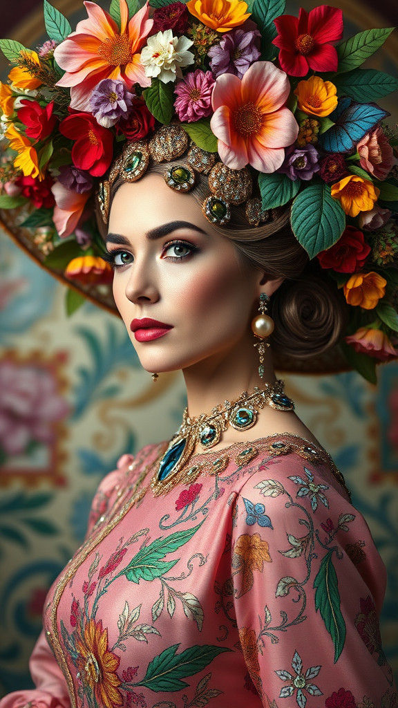 Elegant Lady with Floral Gem-Encrusted Hat