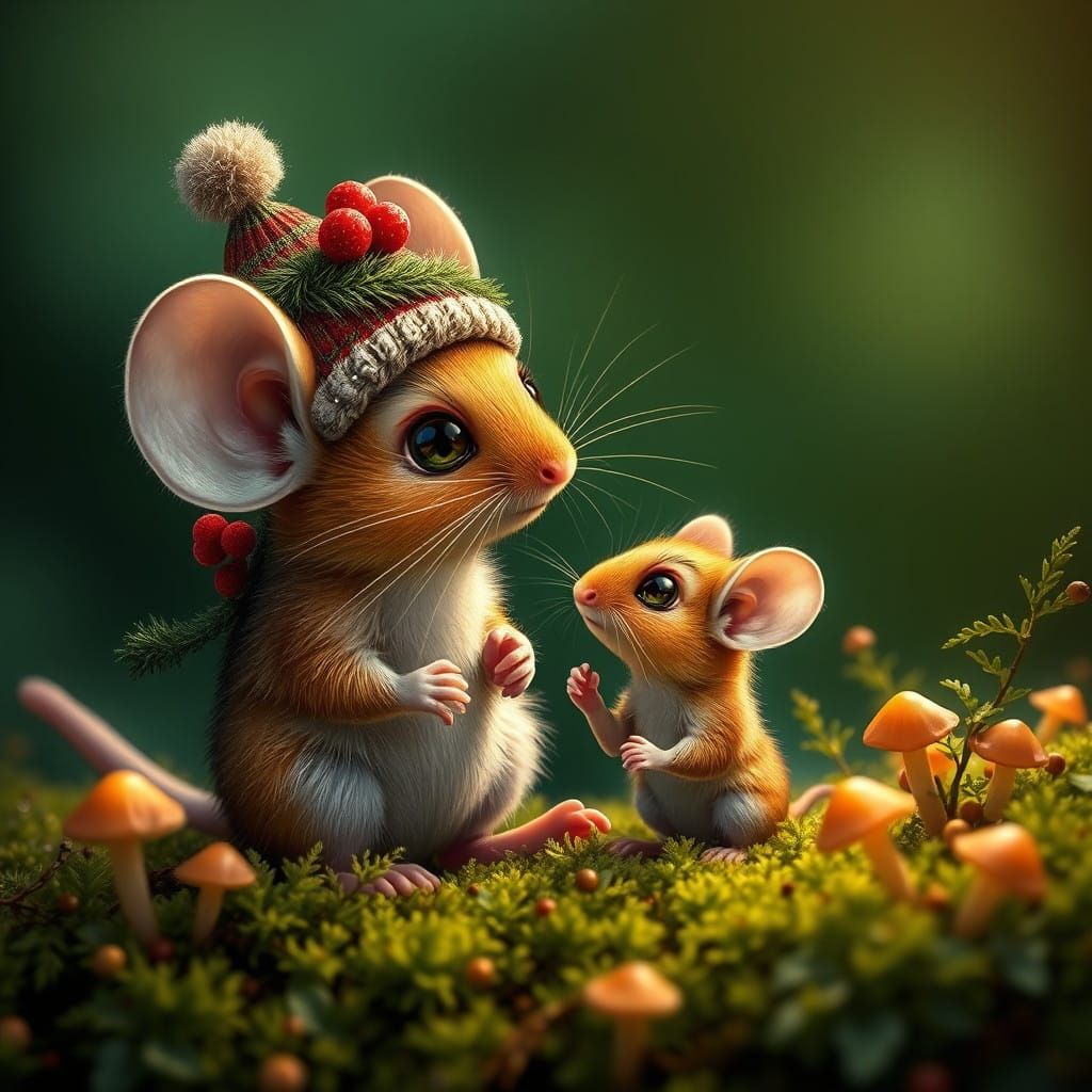 Surreal Baby Mouse Looks Up at Elegant Mother in Festive For...