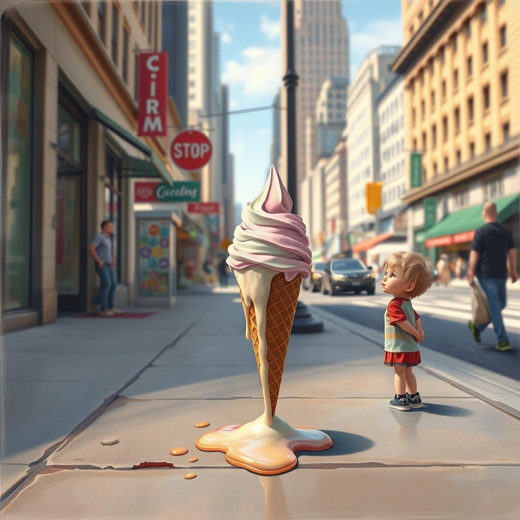 Melting Ice Cream Cone on City Sidewalk