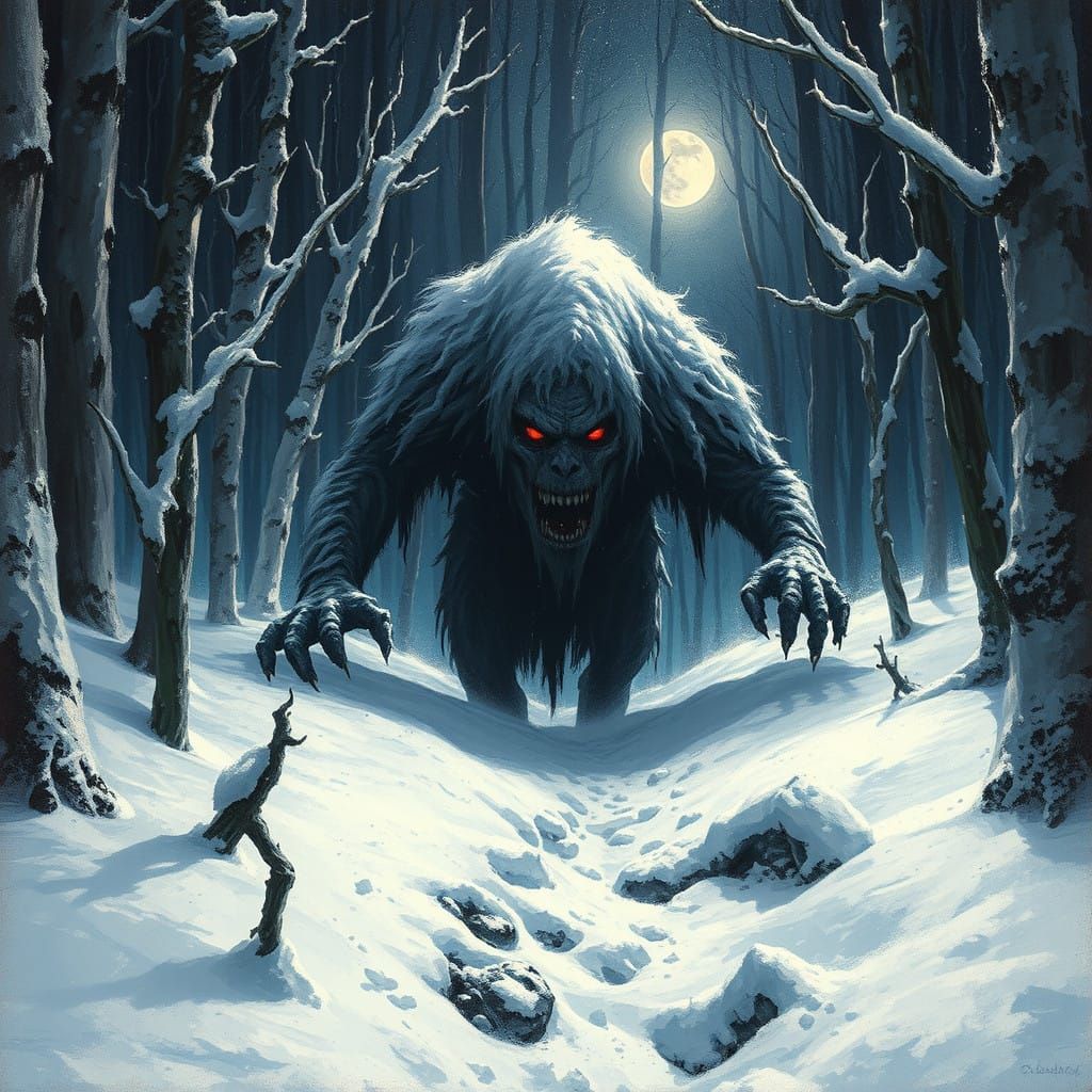 Fiery Snow Demon Emerges from Winter Woods under Starry Nigh...