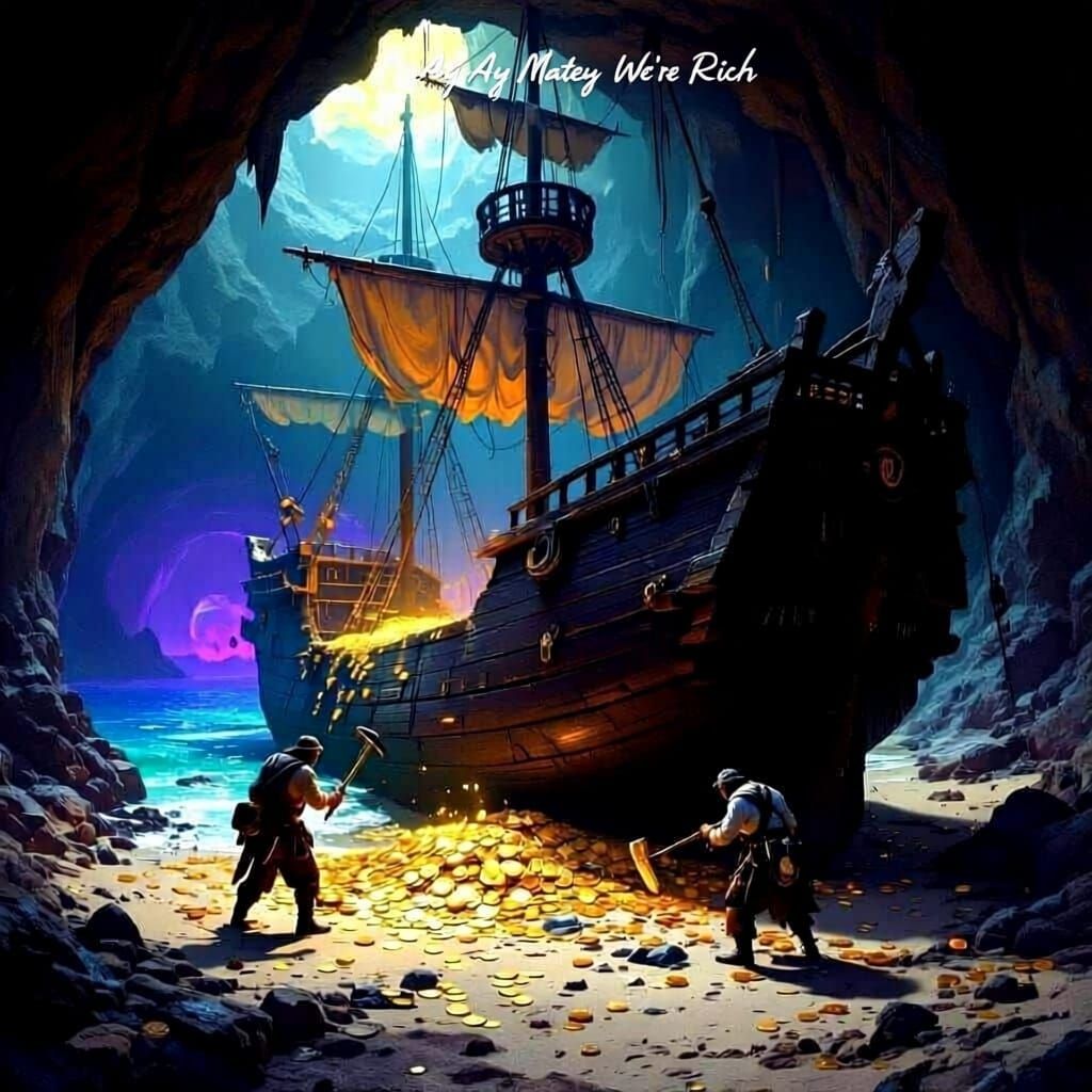 Pirate Ship Discovery in Cavern, Dark Fantasy Art