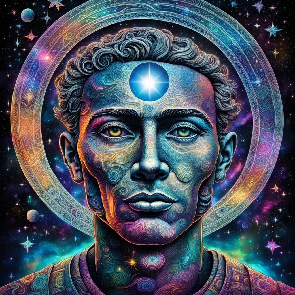 Cosmic Face Reaching for the Moon in Astral Art