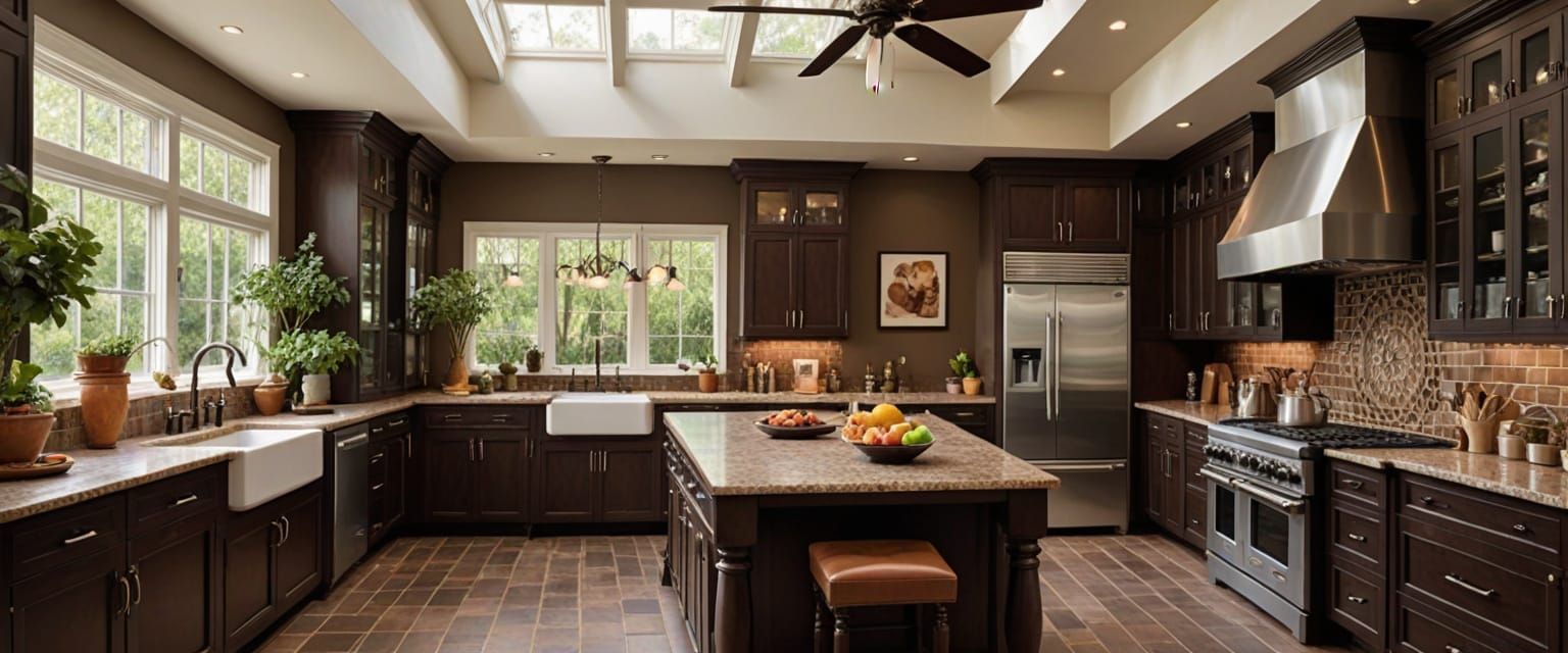Luxurious Modern Chef's Kitchen with High Ceiling and Dark B...