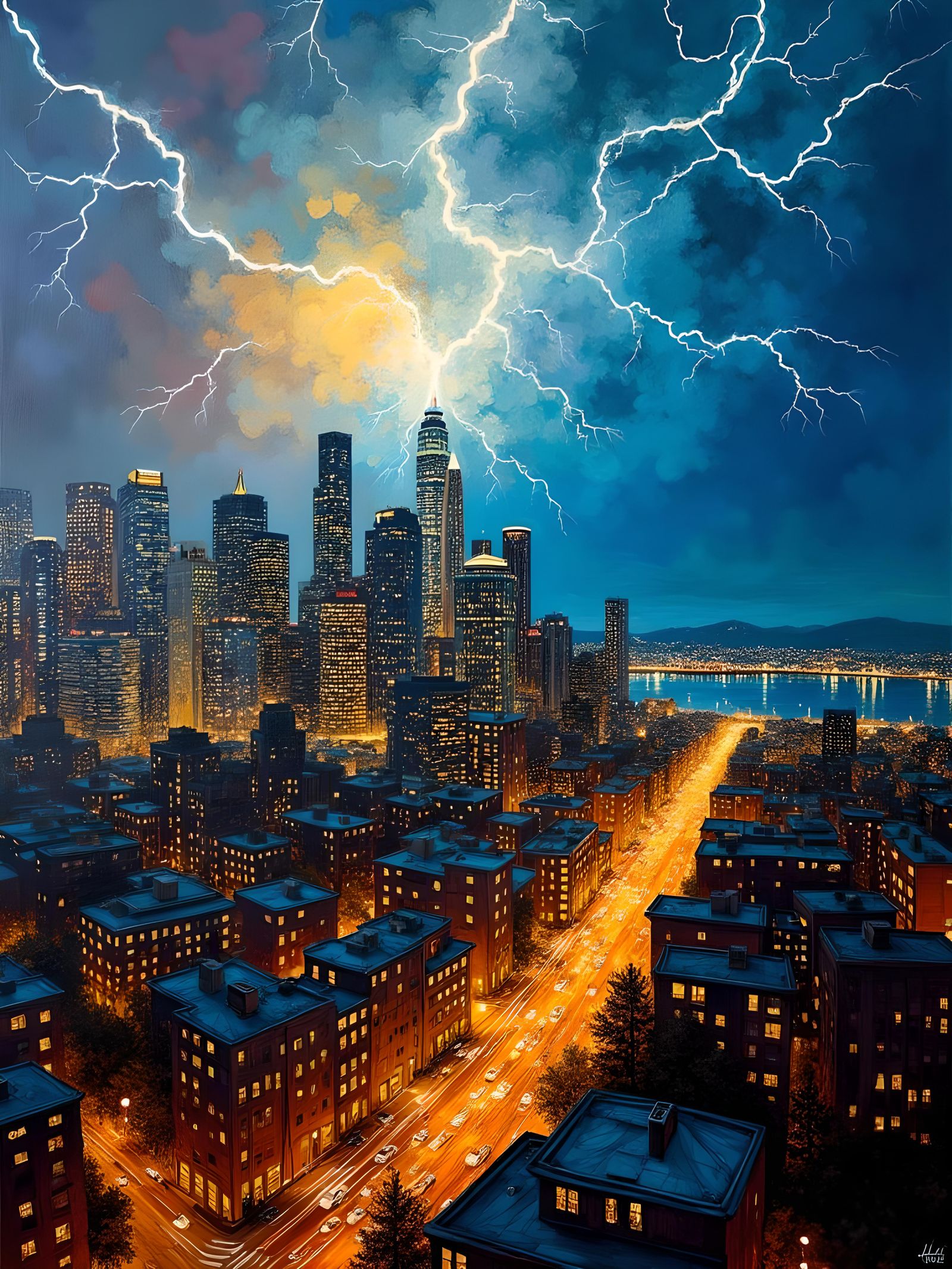 Seattle Lightning Storm in Expressionist Style