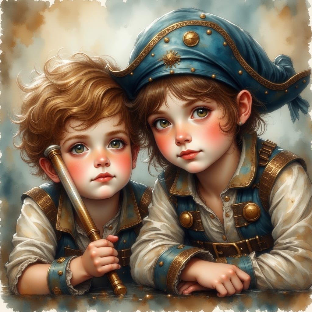 Boys Playing Pirates in Vintage Portrait