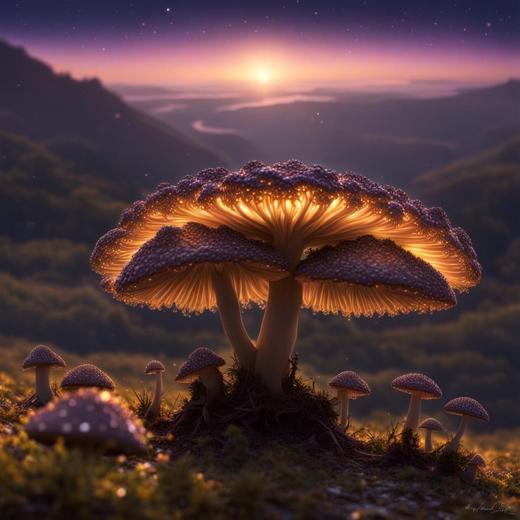 Sparkling Mushrooms in Vorticism Twilight Landscape
