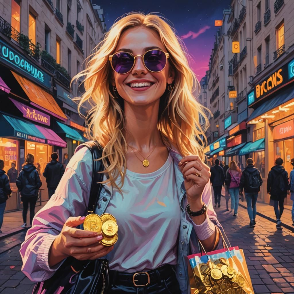 Paris Street Scene with Bitcoin, Synthwave Style