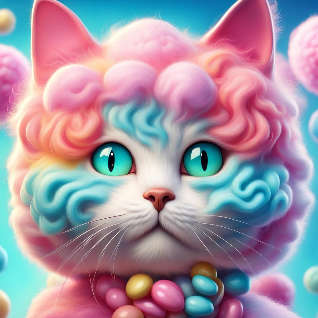 Fluffy Cotton Candy Cat in Candy Art Style