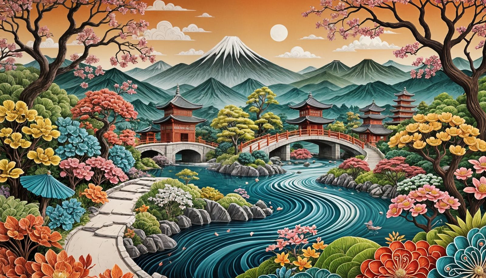 Vibrant Japanese Garden with Geisha in Quilling Paper Style