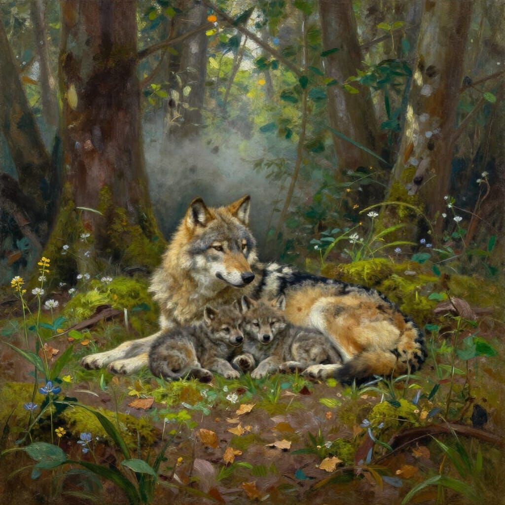 Mother Wolf and Cubs in Forest Clearing Oil Painting