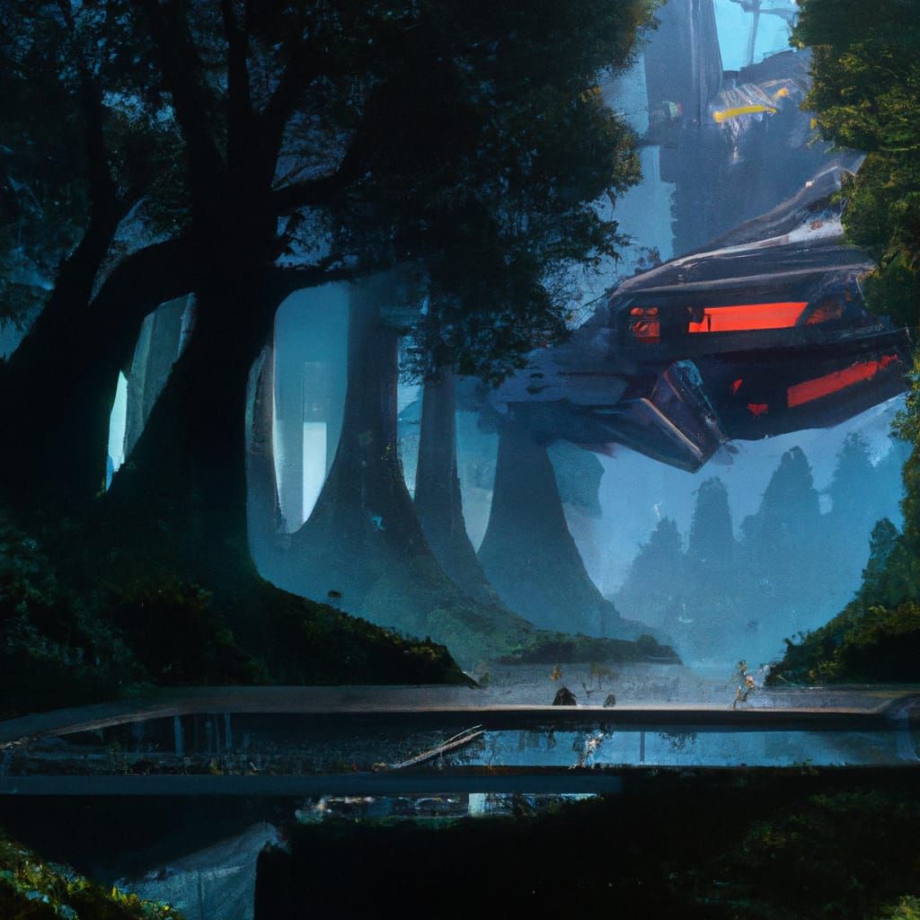Cyberpunk Spaceship Meets Nature, Anime Style