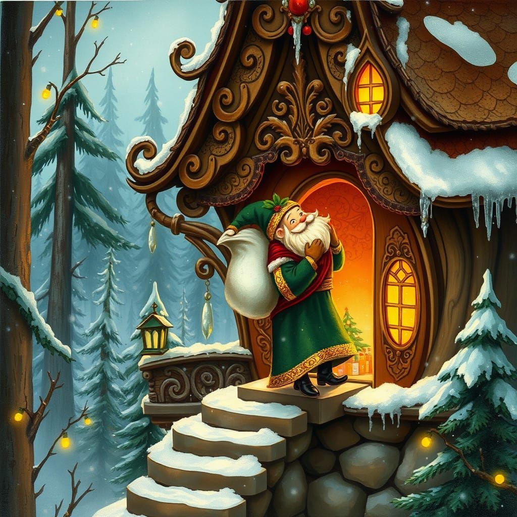 Whimsical Fairy Christmas Scene with Wood Carvings and Snowy...