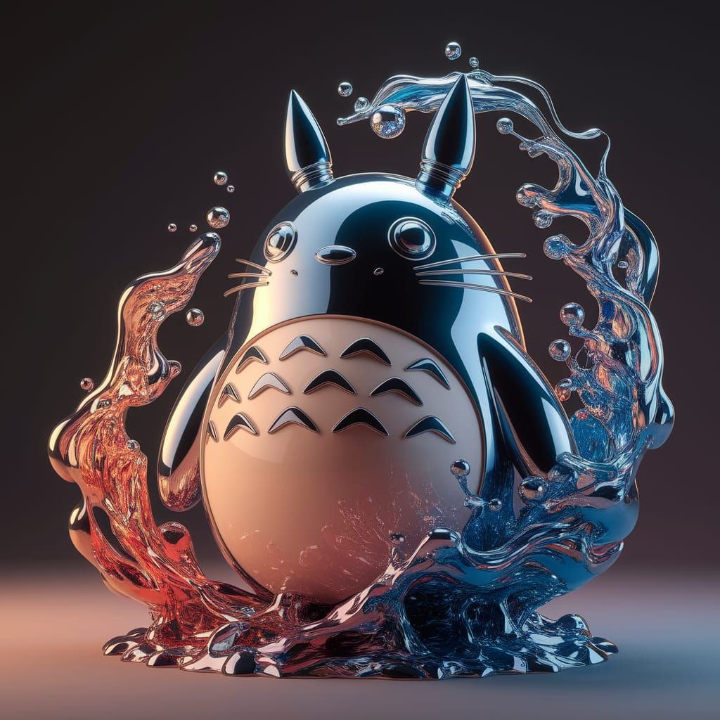 Ethereal Totoro Sculpture in Liquid Metal and Crystal