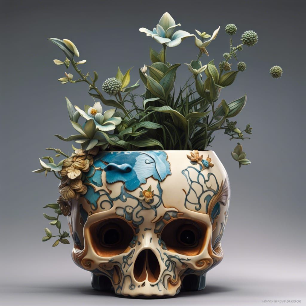 Ceramic Skull Planter with Plant, Detailed Fantasy Art