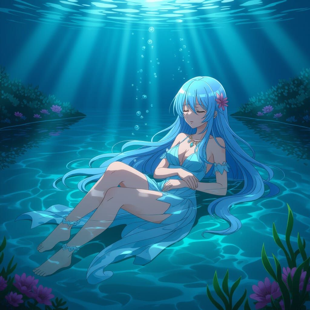 Sea Goddess Sleeping Underwater in Anime Style