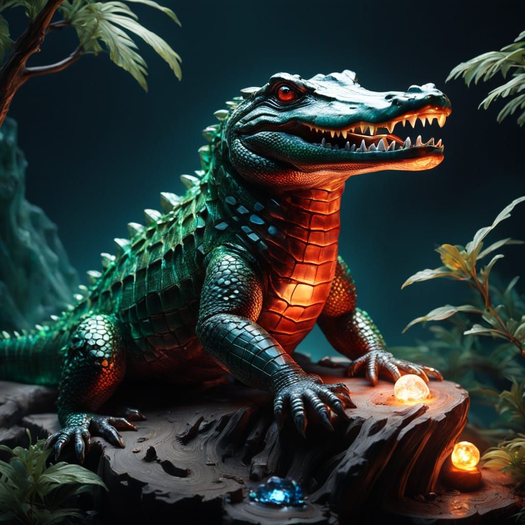 Majestic Bioluminescent Crocodile Sculpture in Ethereal Glow