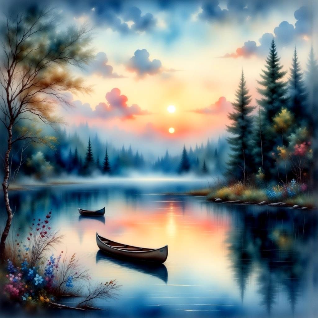 Tranquil Lake at Twilight in Watercolor Style