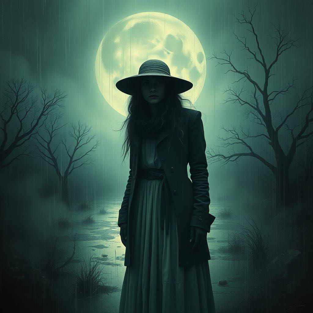 Melancholic Figure in Rainy, Mystical Landscape