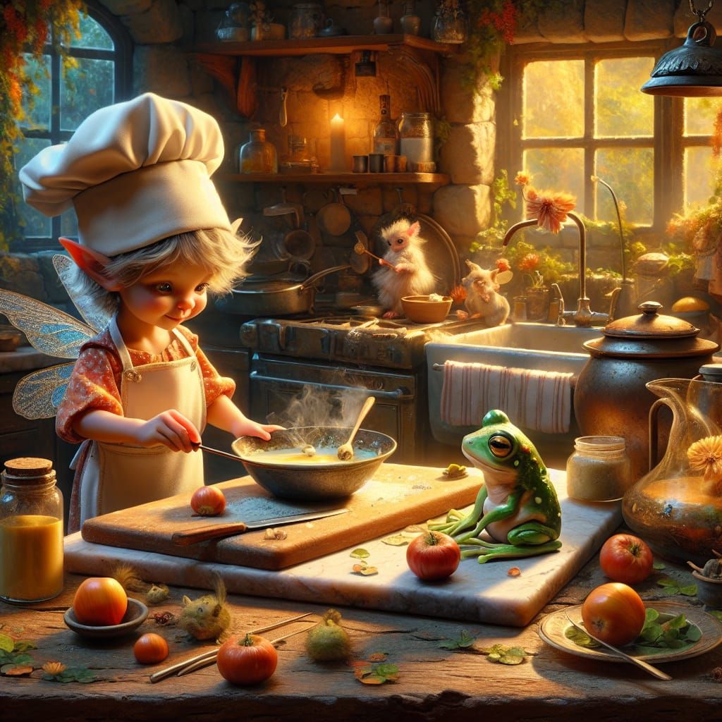 Pixie Chef in Magical Kitchen: Impressionist Gouache Waterco...