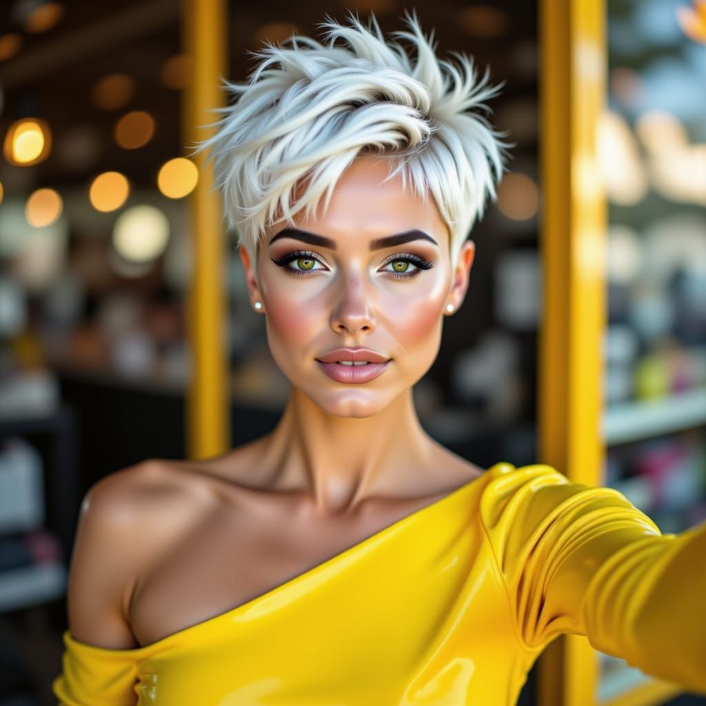 Gorgeous Woman in Yellow Latex Selfie