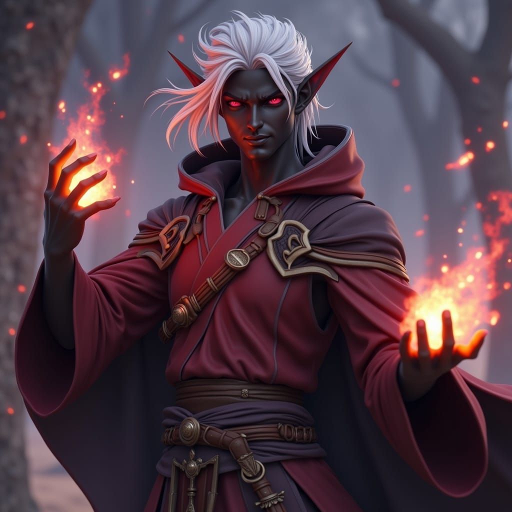 Mystical Drow Sorcerer in Elegant Red Attire