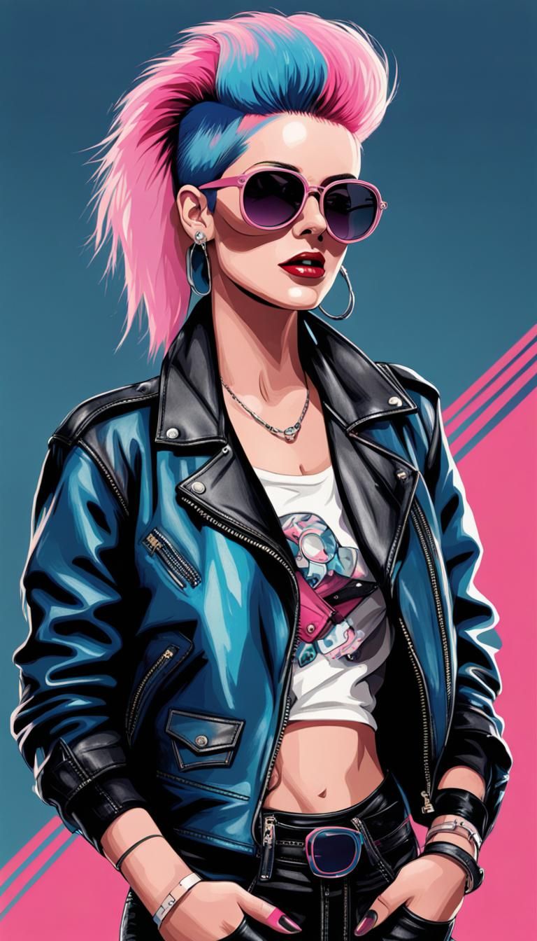 80s era punk style woman, leather jacket, pink and blue hair, sunglasses, illustration, high res