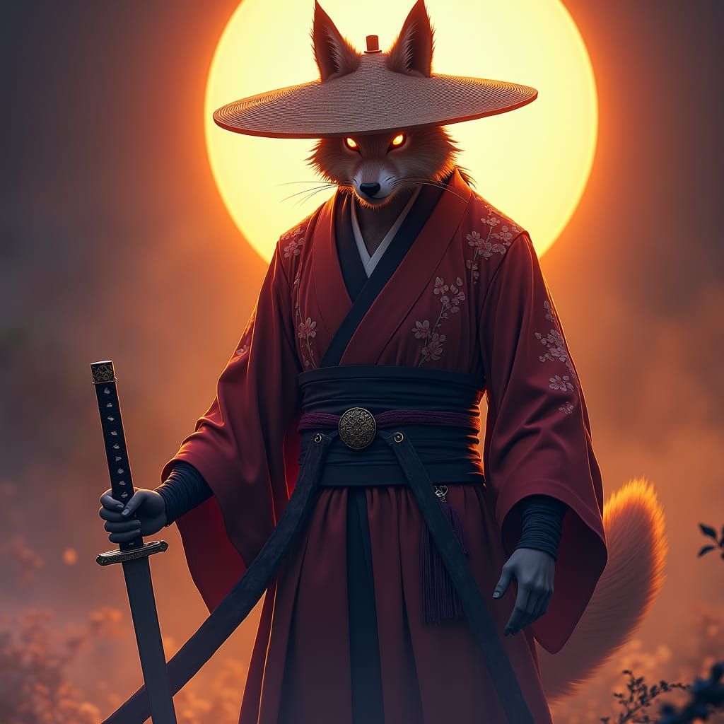Kitsune Warrior with Katana in Dark Fantasy Style