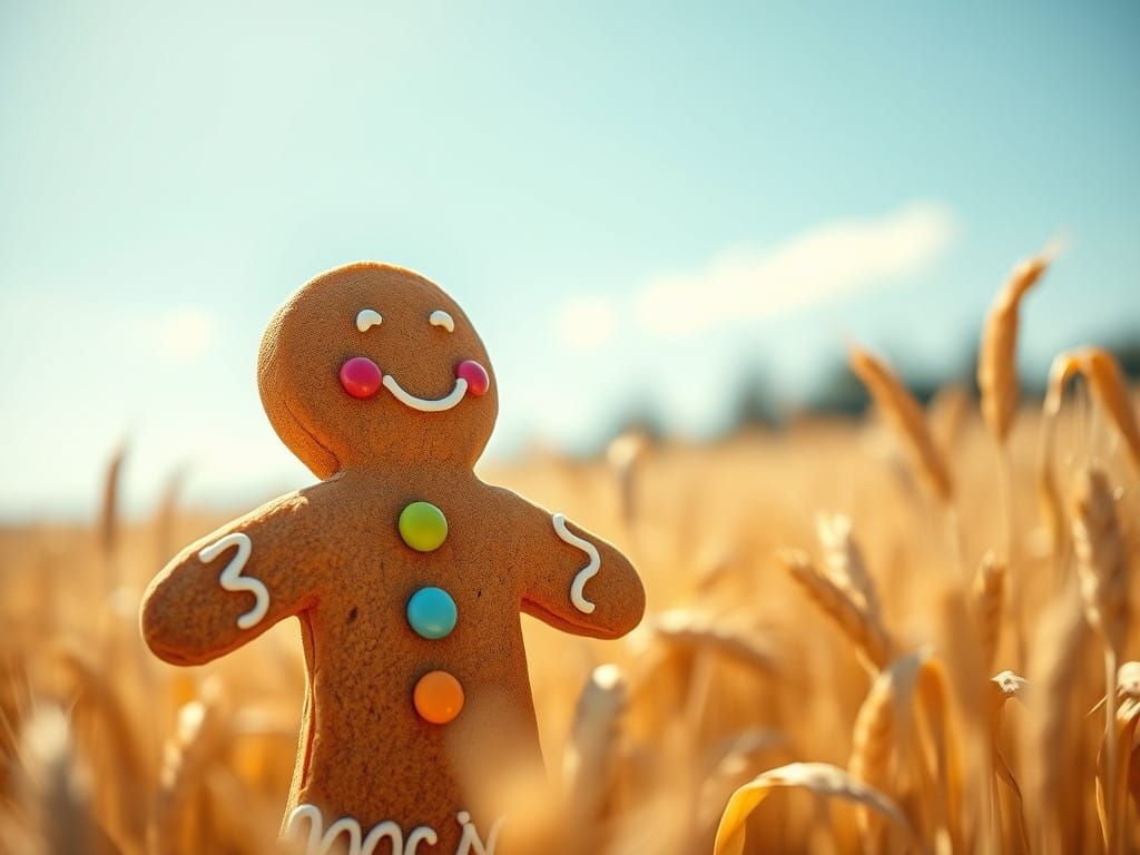 Warm Gingerbread Man Chases Dreams in Sun-Kissed Wheat Field