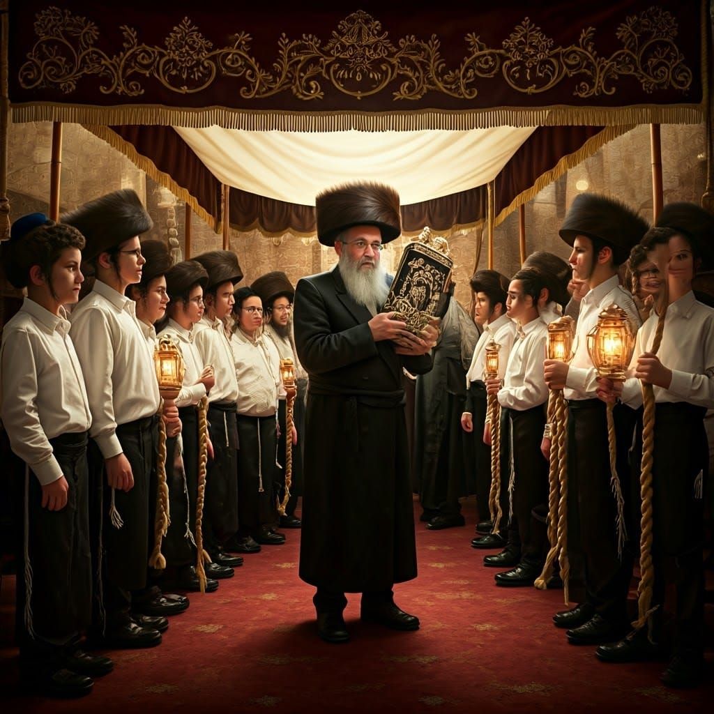Orthodox Jewish Celebration with Torah and Menorah