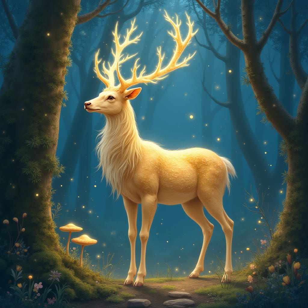 Golden Deer in Enchanted Forest at Twilight